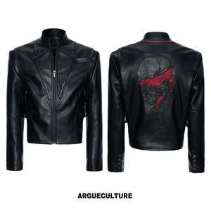 Black-Red Deconstructed Skull PU Stand-Collar Jacket - Black