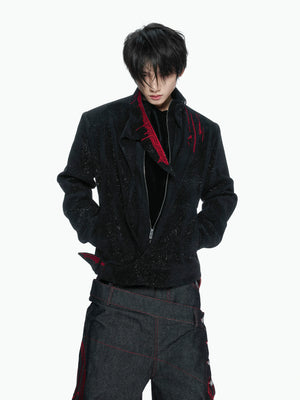 Black Stardust Suede Jacket, Stand Collar & Embroidery - main image 1