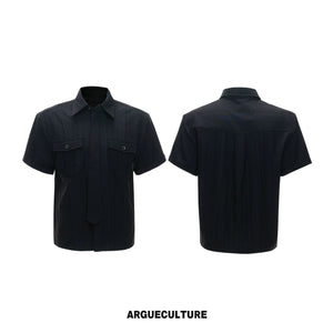 Black Tie-Detail Shirt & Pleated Wide-Leg Pants - Black Top