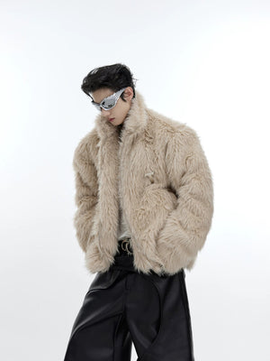 Side view of a brown plush faux fur jacket showcasing the thick material.