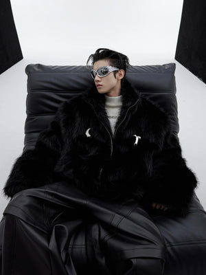 Back view of a yellow boxy faux mink coat with a high neck design.