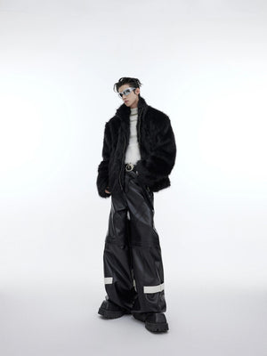 Lifestyle shot of the faux mink fur jacket styled with baggy cargo pants.