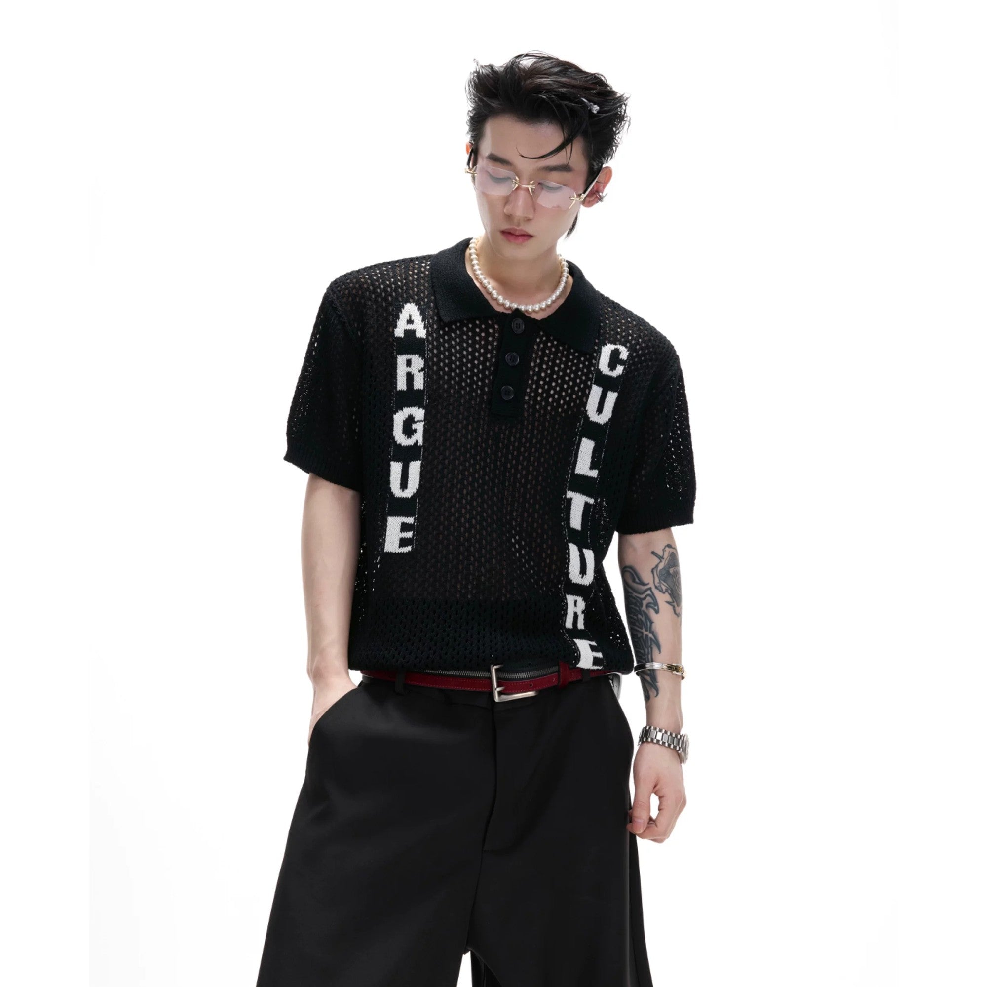 Men's khaki open-knit jacquard polo shirt front view