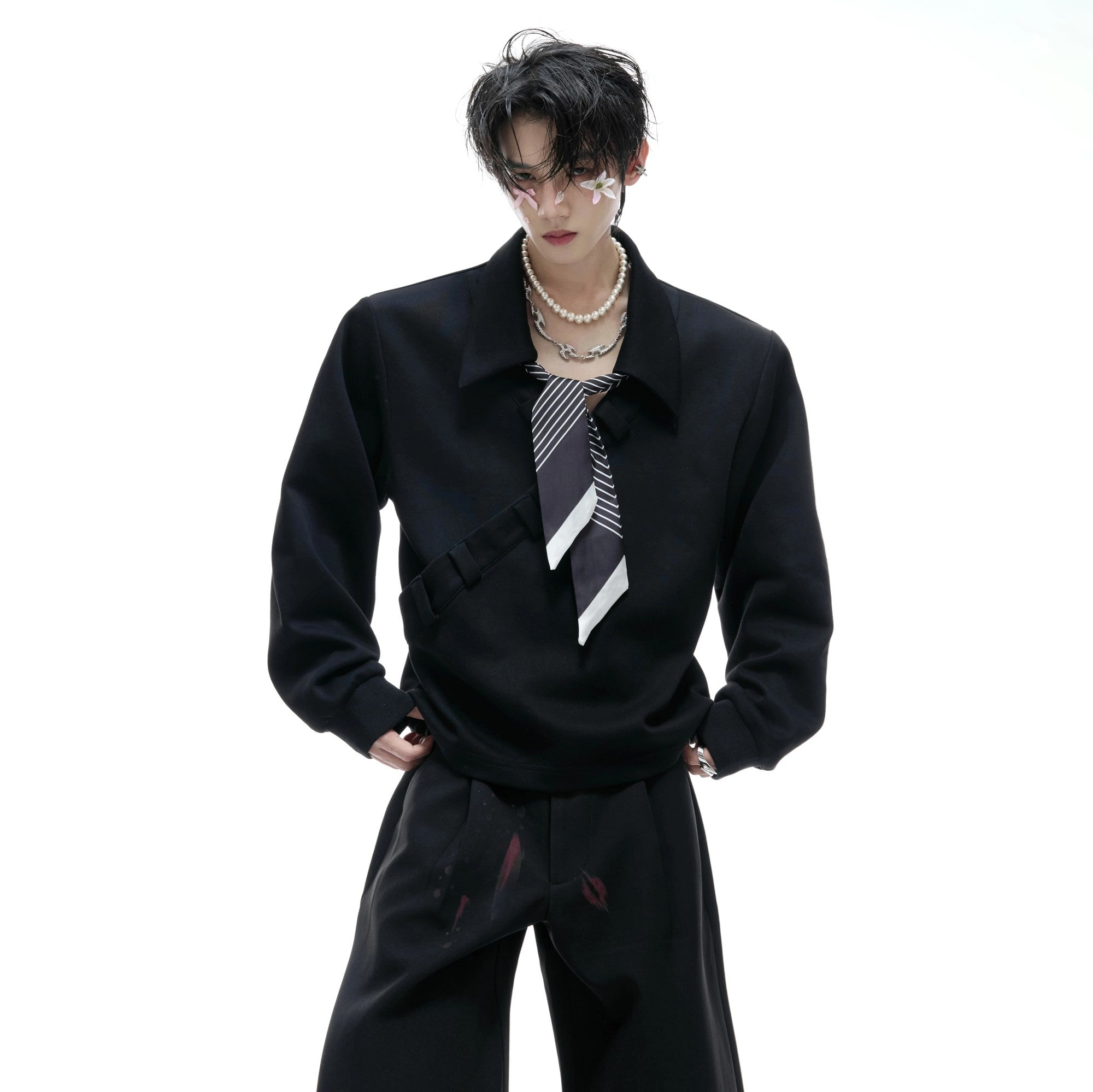 Black V-neck polo sweatshirt with striped silk scarf detail