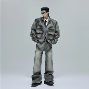 Full view of the vintage cement gray denim jacket and flared pants set.