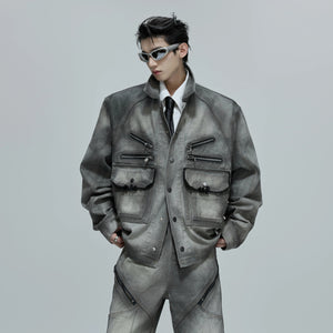 Back view of the cement gray flared denim pants showing the fit.