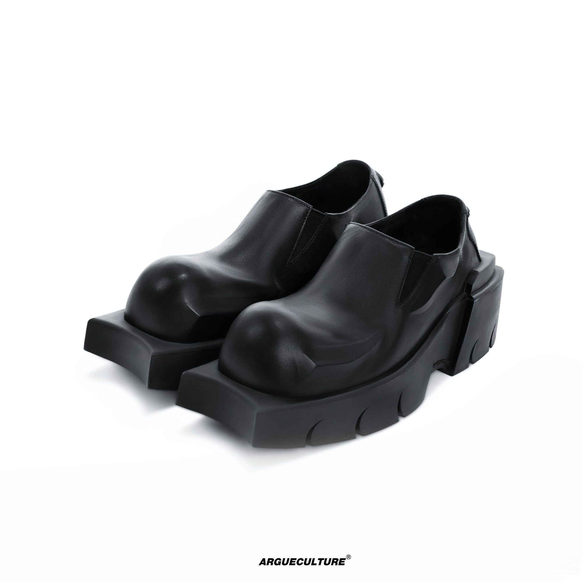 Front view of black chunky armor platform derby shoes in genuine leather