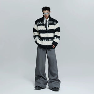 Gray version of the contrast striped chunky knit zip-up sweater.