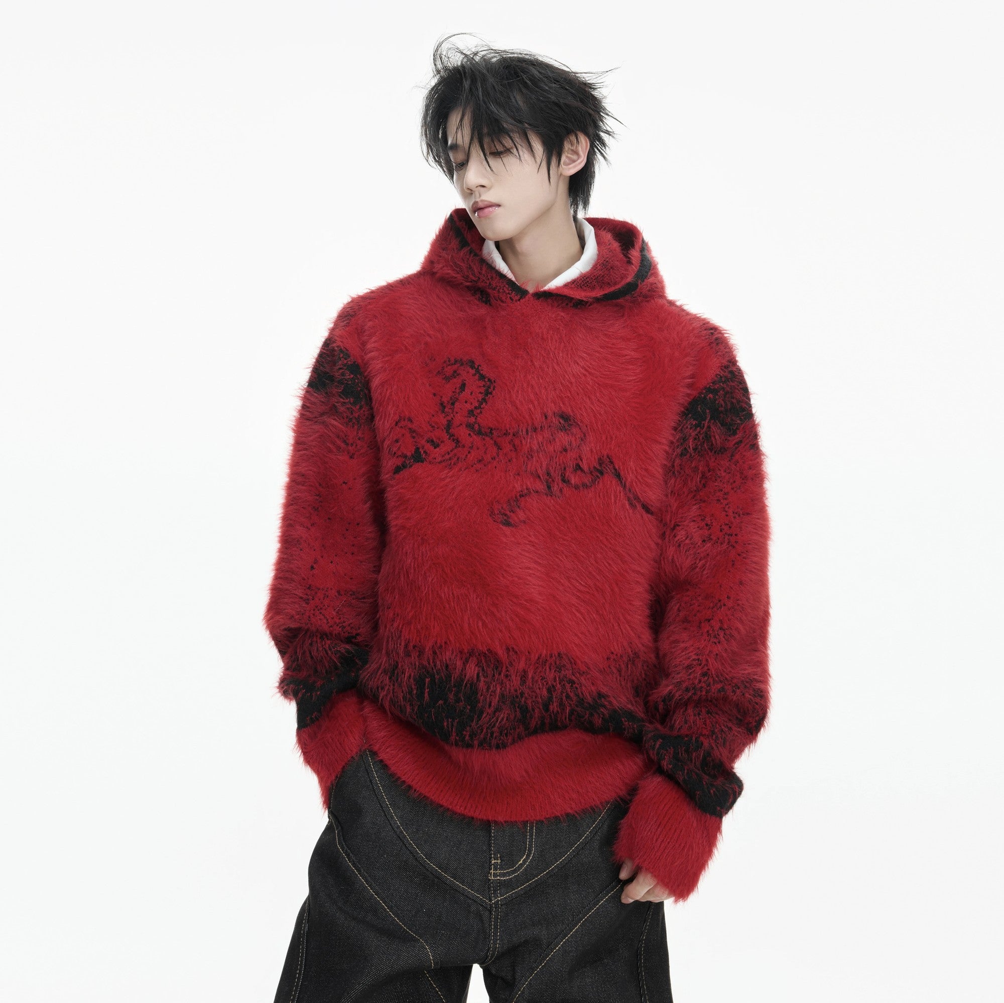 Black 1400g heavyweight faux mink hoodie streetwear style