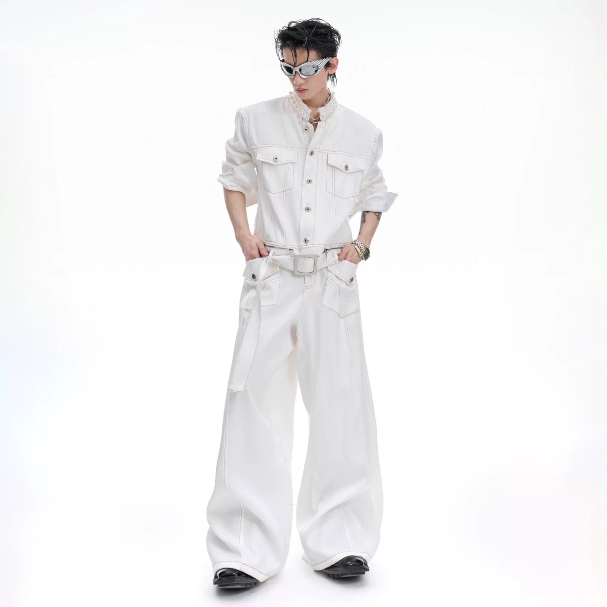 Streetwear model wearing the full pearl denim co-ord set.