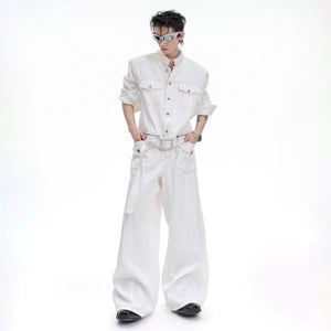 Streetwear model wearing the full pearl denim co-ord set.