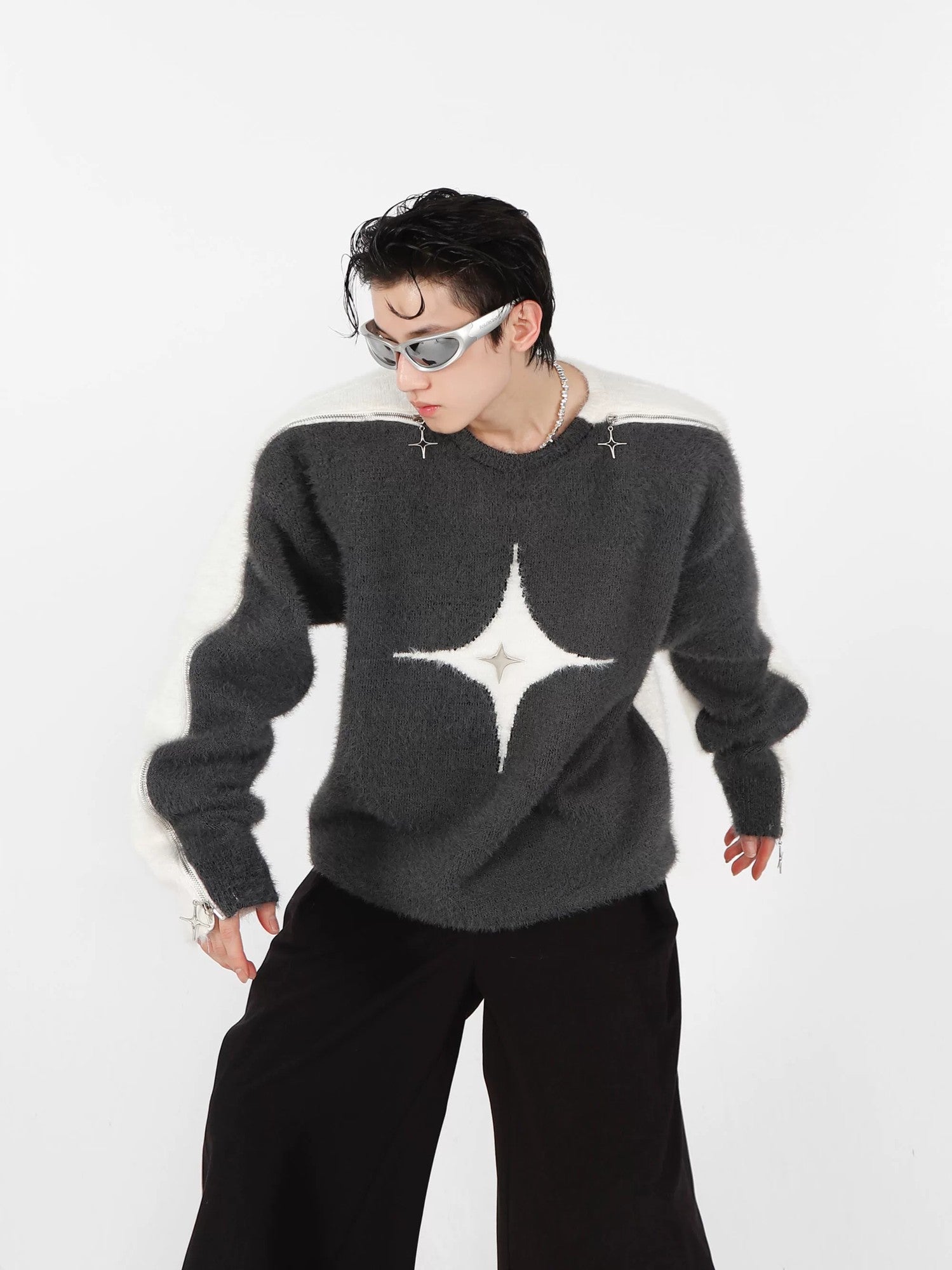 Front view of black and white contrast mohair sweater with metal zipper