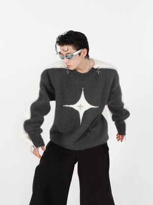 Front view of black and white contrast mohair sweater with metal zipper