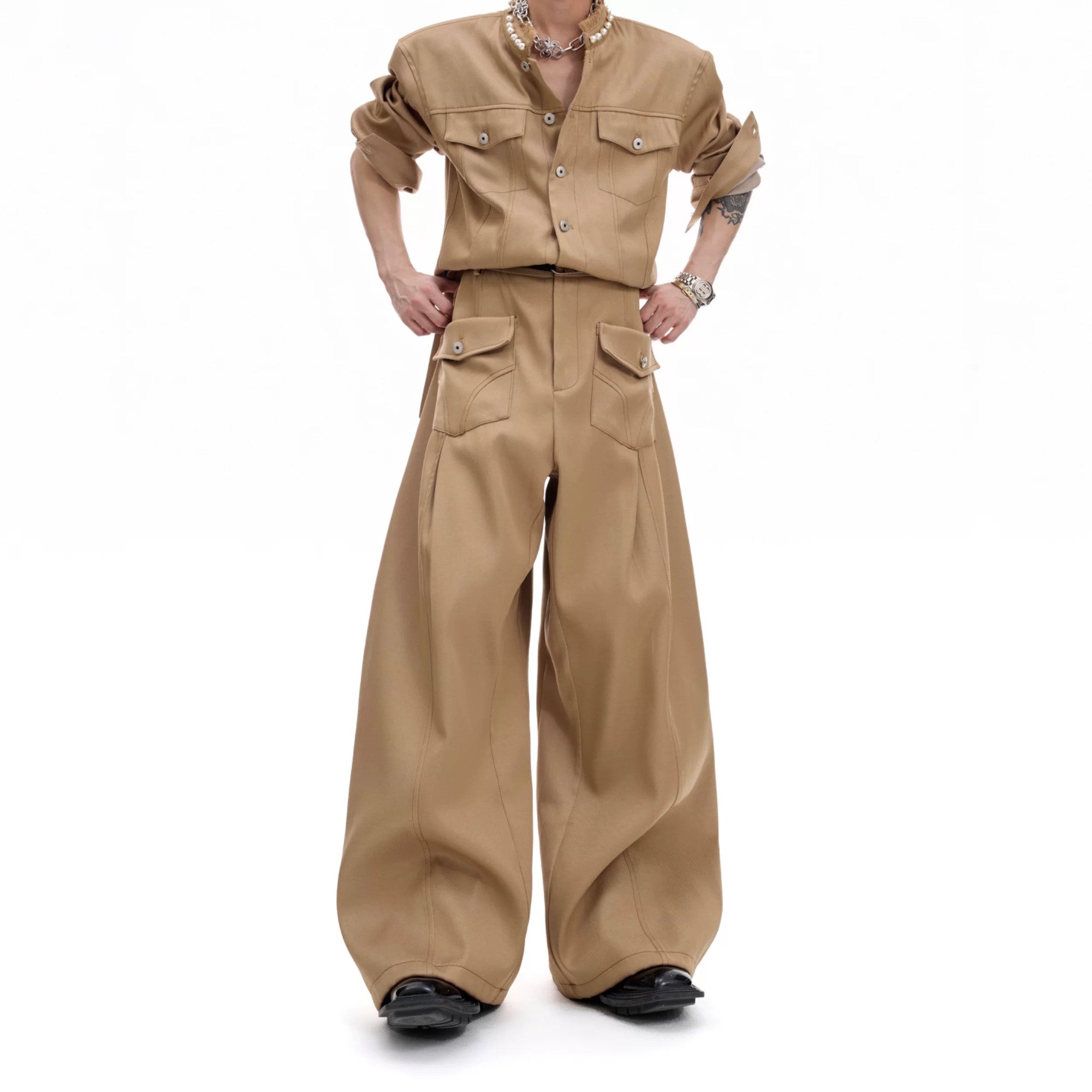 Mocha brown contrast stitch cargo pants in a loose straight fit