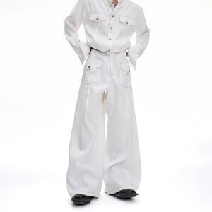 Close up of oversized utility pockets and contrast stitching on denim