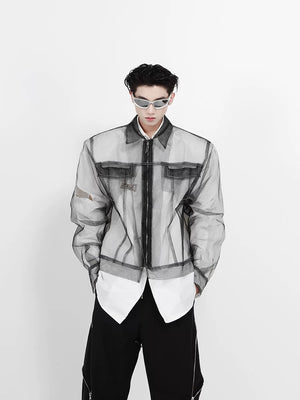 Men's black deconstructed mesh jacket with contrast stitching front view