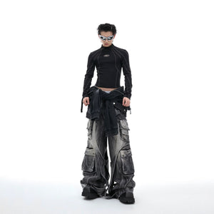 Detailed view of the irregular contrast stitching and 3D design effects