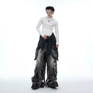 Model wearing a black mock neck crop top in an urban street setting