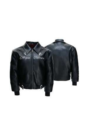 Model wearing the layered moto jacket in an urban street setting