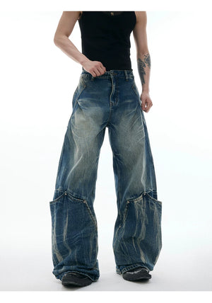 desc::cracked-texture-curved-cut-baggy-jeans-loose-fit-detail-img-6