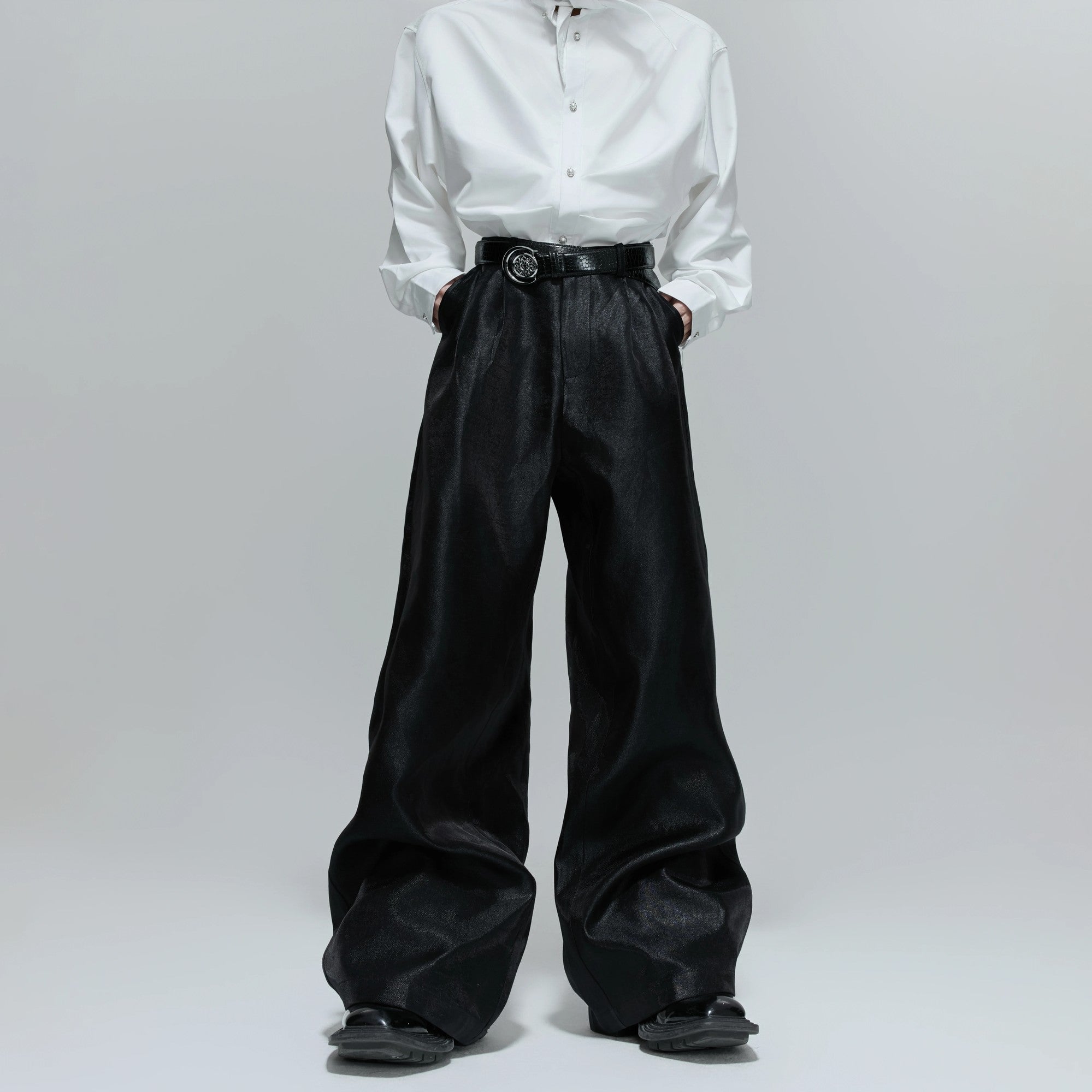 Brown textured baggy pants showing wide-leg silhouette