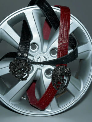 Croc-Embossed Horsehead Leather Belt with Studs - main image 2