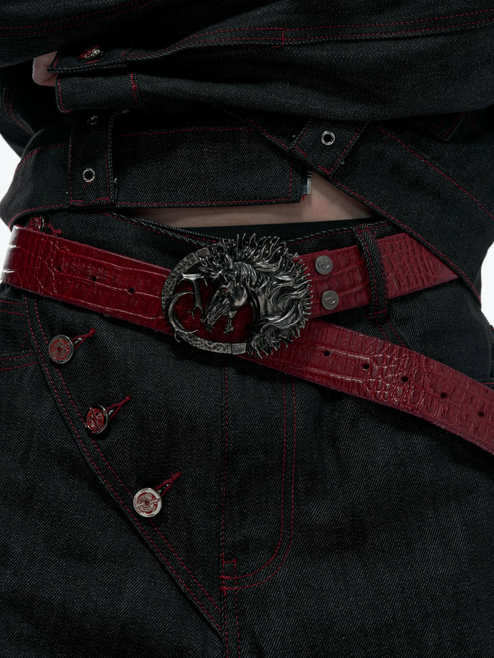 Croc-Embossed Horsehead Leather Belt with Studs - main image 1