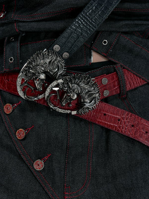 Croc-Embossed Horsehead Leather Belt with Studs - main image 3