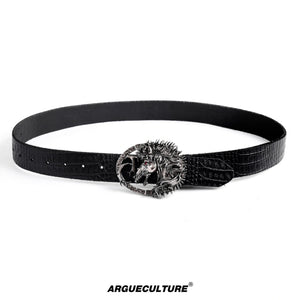 Croc-Embossed Horsehead Leather Belt with Studs - Black