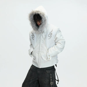 White pony hair splicing streetwear jacket back view