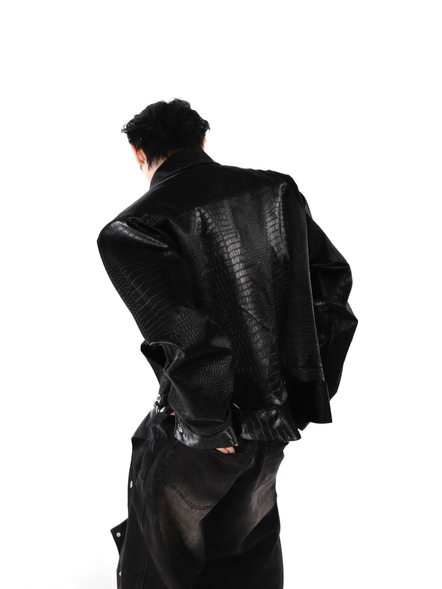 Bold red crocodile skin texture moto jacket for men's street fashion