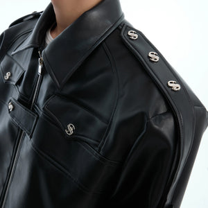 Back view of the oversized cropped leather jacket showing clean silhouette