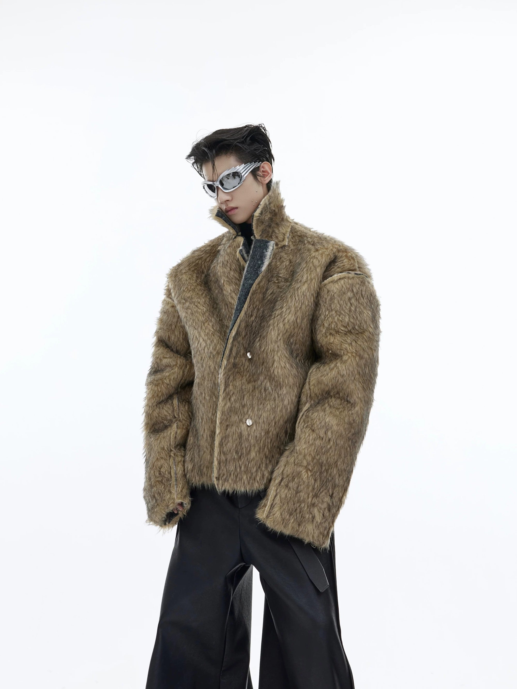 Front view of a vintage brown faux fur cropped jacket with contrast lapel