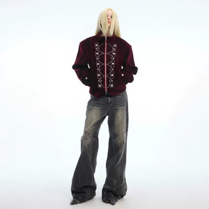 Red metallic button shimmer jacket in a loose cropped fit