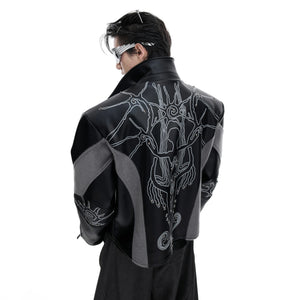 Front view of black deconstructed leather jacket with rivets