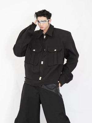 Black cropped streetwear jacket with shoulder pads and metal buttons front view