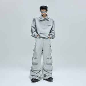 Unisex grey cropped stand collar sweatshirt and cargo pants set front view