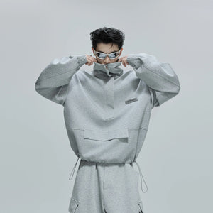 Close up of cropped stand collar zipper sweatshirt in black