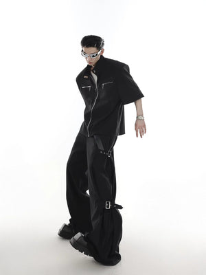 Street style model wearing deconstructed flare pants and sneakers