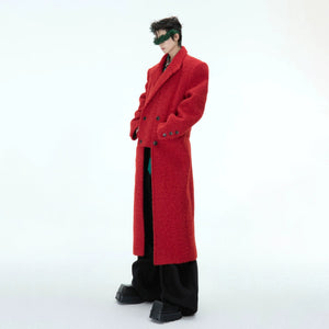 Close up of double-breasted buttons and patch pockets on woolen coat