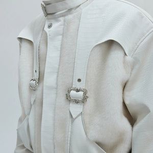 Khaki crocodile texture streetwear jacket with metallic hardware details