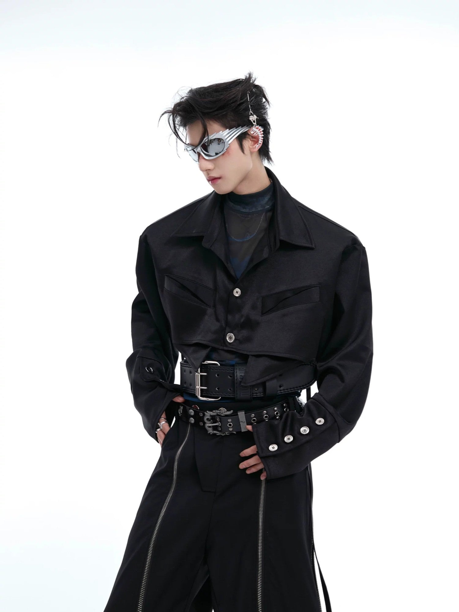 Black avant-garde cropped streetwear shirt with irregular details