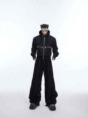 Red deconstructed cropped hoodie with shoulder pads and zipper details