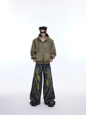 Close-up of stone-washed texture and ripped detailing on denim