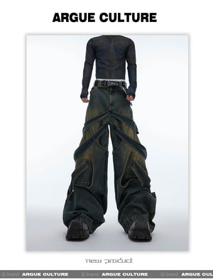 desc::deconstructed-distressed-wide-leg-denim-cargo-pants-detail-img-1