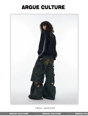 desc::deconstructed-distressed-wide-leg-denim-cargo-pants-detail-img-10