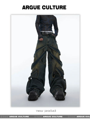 desc::deconstructed-distressed-wide-leg-denim-cargo-pants-detail-img-2