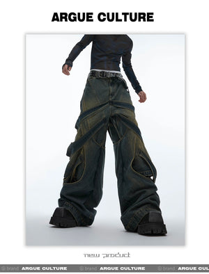 desc::deconstructed-distressed-wide-leg-denim-cargo-pants-detail-img-5