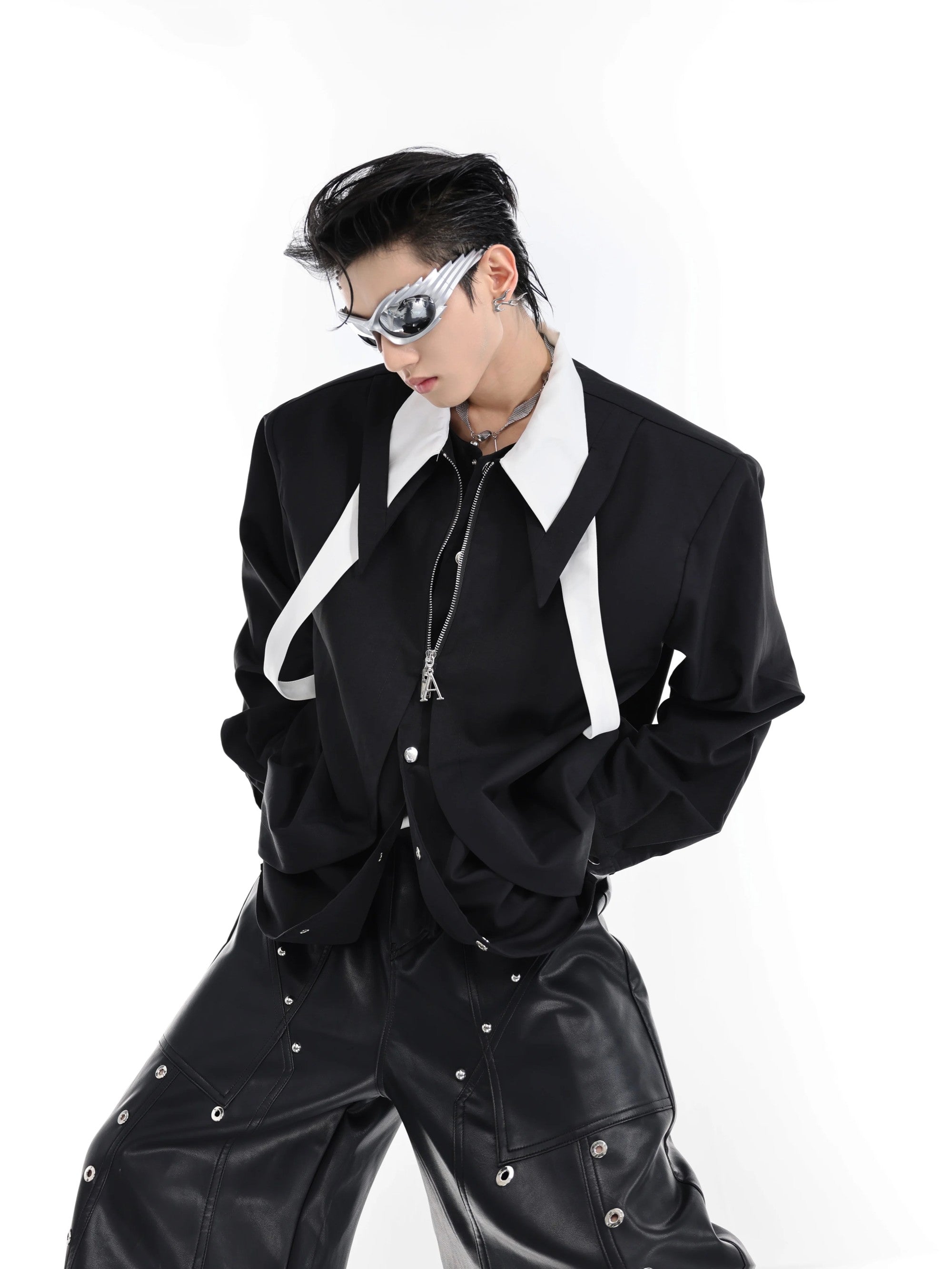 White oversized double layer shirt with integrated tie detail