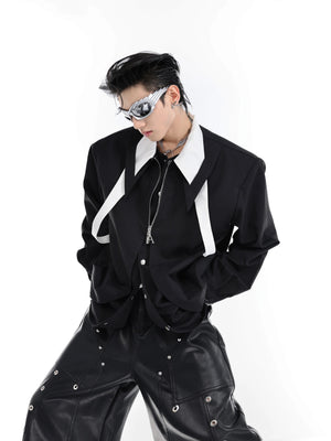 White oversized double layer shirt with integrated tie detail